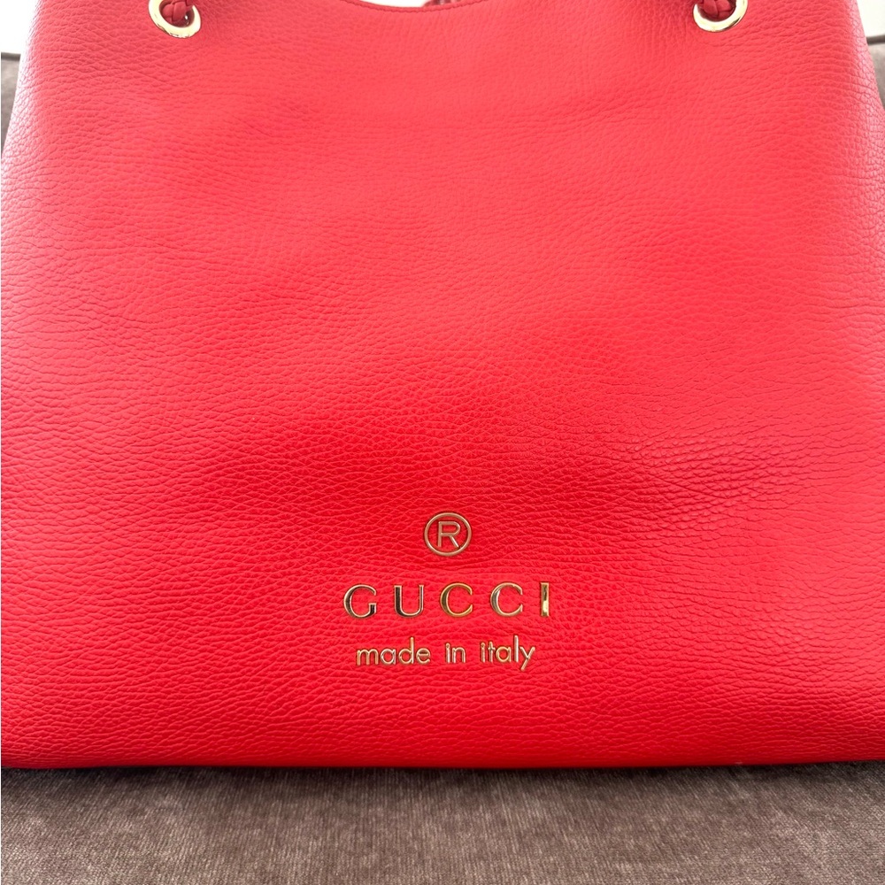 Authentic Gucci Gifford Tote Bag coral red leather large size braided handles - Picture 3 of 16